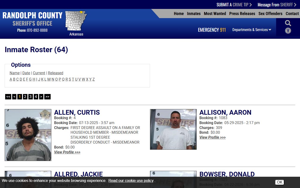 Randolph County Detention Center inmate roster name sort and A-Z controls