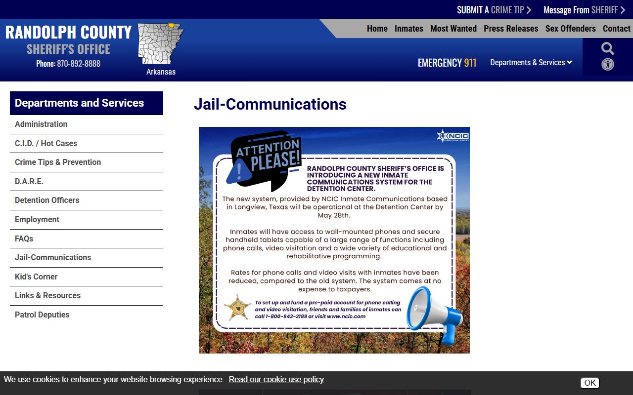 Randolph County jail communications and inmate mail rules for the inmate population