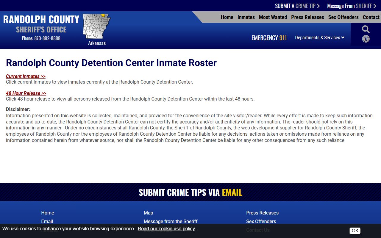 Randolph County inmate population roster gateway for current inmates and releases