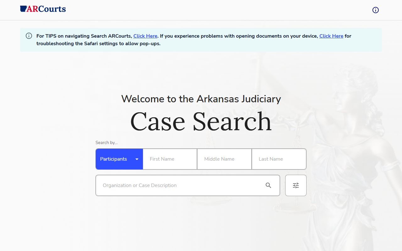 Search ARCourts case search portal for Randolph County court records after arrest